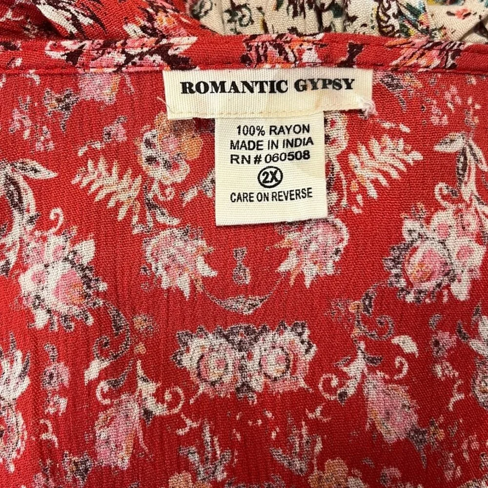2X Long Sleeve Gauzy Rayon Red Floral Bohemian Maxi Dress Festival Gypsy - Picture 6 of 6